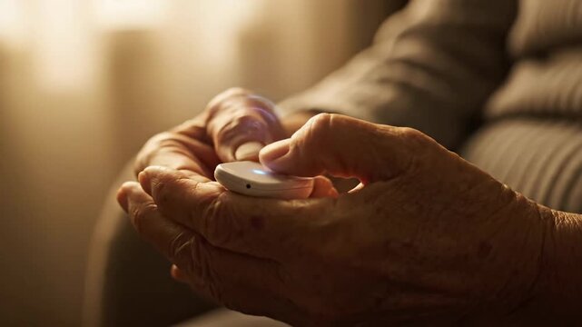 Senior adult holding medical alert device in hands for health and safety.