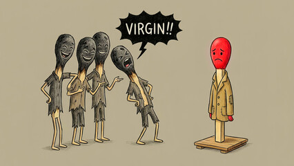 Artistic illustration depicts a group of burnt matchsticks cruelly mocking an unlit, sad matchstick wearing a tattered coat on a small platform.