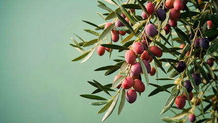Vibrant cluster of ripening olives in shades of deep purple and rich red hangs from a leafy branch, showcasing healthy fruit ready for harvest soon.