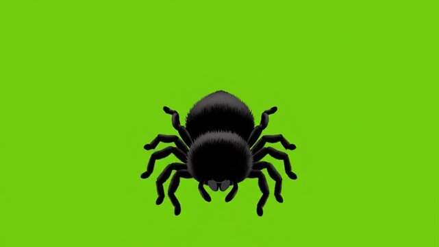 A dark, round cartoon spider with large, expressive white eyes stands centered on a green screen background