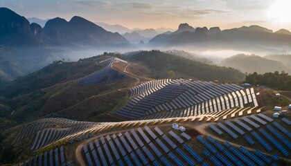 Sunrise illuminates a large-scale solar power plant built on rolling hills, symbolizing green energy