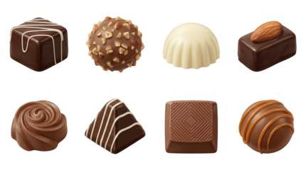 Assorted chocolate truffle set including dark, milk, and white varieties with nuts, caramel, and ganache isolated. Gourmet confectionery and sweet dessert collection.
