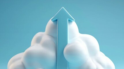 Cloud technology growth and upward progress symbol with arrow and soft fluffy clouds against blue background