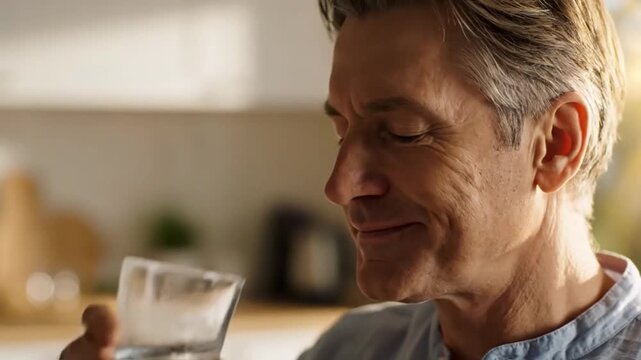 Contented Mature Man Hydrating at Home