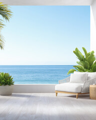 Sunlight streams into a coastal room with ocean view and plants on a clear afternoon