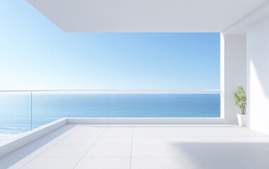 Bright balcony view overlooking ocean and clear sky in a coastal setting during daytime hours