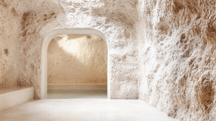 Cave interior with natural stone walls and open entryway during bright daylight