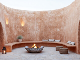 Cozy gathering space with a fire pit surrounded by curved walls and seating during evening light