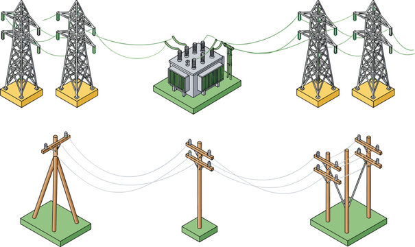 Electric power transmission illustration set, utility poles pylons transformer station, energy distribution infrastructure isometric design isolated