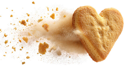 Heart shaped cookie crumble with granules on transparent background horizontal layout