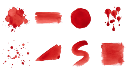 Red watercolor paint stroke set including splashes, circles, squares, and brush marks isolated. Artistic design elements and creative texture collection.