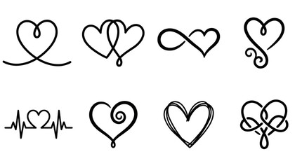 Minimalist heart set including infinity, heartbeat, spiral, and scribbled line variants. Romantic tattoo and wedding invitation decoration elements.