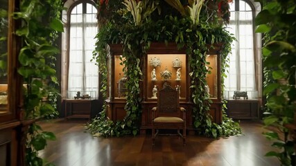 Elegant antique museum gallery with lush greenery and artifacts