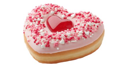 Heart shaped donut with pink frosting and lots of pink and white sprinkles