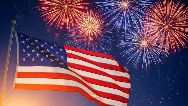 Vibrant fireworks explode above waving american flag on star spangled night - Powered by Adobe