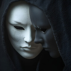 Dual Identity Mask, Hidden Face Concept, Mystery Mask Art, Human Identity Symbol, Split Personality Art, Secret Self Concept, Dark Mask Portrait, Psychological Concept Art, Identity Illusion