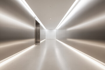Modern hallway with smooth metal walls and bright lights leading to an elevator, designed for contemporary spaces during the day