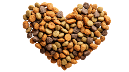 Heart shaped dog food isolated on transparent backdrop brown and black mixture