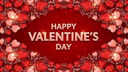 A beautifully designed graphic with shimmering red hearts and decorative elements, conveying a warm and loving message for Valentine's Day festivities