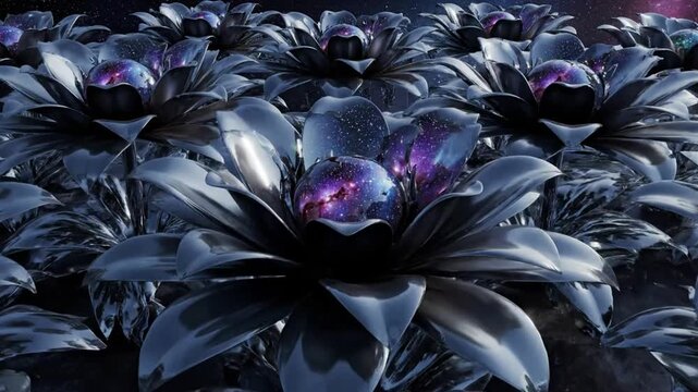 Surreal galaxy flowers bloom in dark cosmic garden