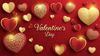 Celebrate Valentine's Day with a Romantic Collection of Red and Gold Hearts, Perfect for Greeting Cards and Decorations
