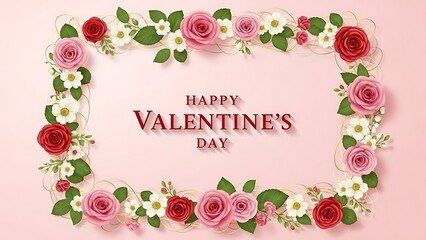 Elegant Floral Frame Decoration for Happy Valentine's Day Celebration with Soft Pink Background