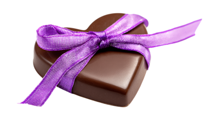 Heart shaped milk chocolate candy with purple ribbon isolated on transparent