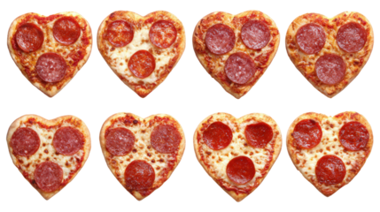 Heart shaped mini pepperoni pizzas for valentine's day on transparent background