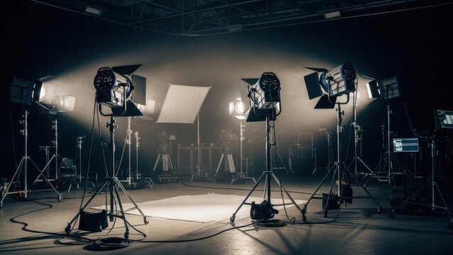 Large film studio with powerful spotlights and softboxes illuminating empty set, professional lighting equipment ready for cinematic video, photo and TV production

