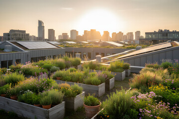 Fototapeta premium urban rooftop garden with wildflowers and solar panels overlooking city skyline at sunset