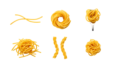 Spaghetti pasta set including raw strands, swirled nests, cooked noodles on fork, and tangled pile isolated. Italian cuisine and culinary ingredient collection.