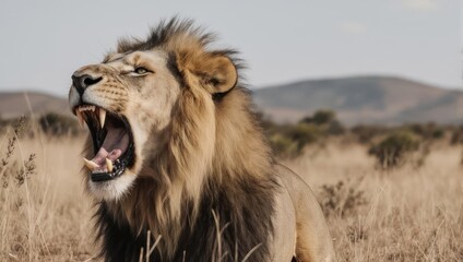 Roaring Lion in the African Savanna - A Majestic Display of Power.