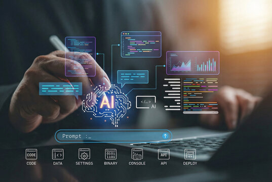 Prompt engineering and AI code generation concept. Businessman writing on digital screen with AI icon, programming code, chatbot interface, and machine learning algorithm for innovation technology. - Powered by Adobe