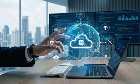 AI cloud computing and data analytics concept. Businessman touching virtual globe with cloud AI icon, graphs, charts, and digital interface for big data processing and innovation technology. - Powered by Adobe
