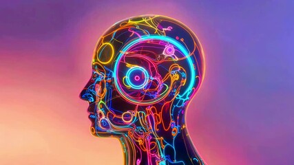 Abstract digital representation of a human head profile illuminated by vibrant neon circuitry illustrating artificial intelligence concepts and futuristic technology development pathways. - Powered by Adobe