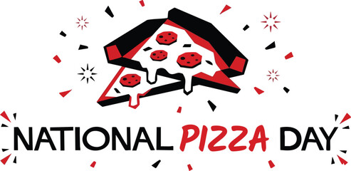 National pizza day celebration graphic with two slices of pepperoni pizza and confetti
