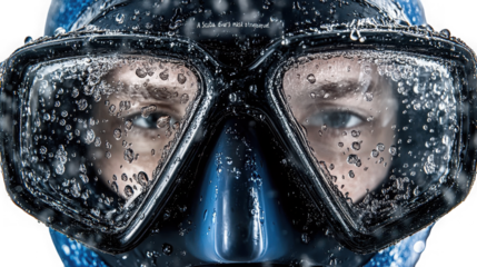 Extreme close up of a diver wearing a dark blue scuba mask covered in numerous clinging water droplets and bubbles on transparent background