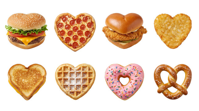 Heart shaped fast food set including burger, pizza, fried chicken, hash brown, grilled cheese, waffle, donut, and pretzel isolated. Valentines day and romantic meal collection.