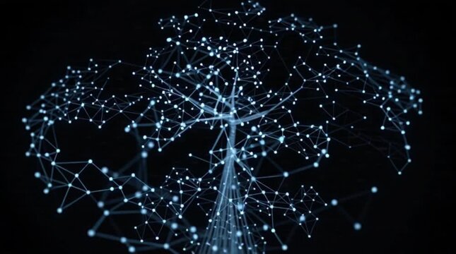 Abstract glowing digital network tree, representing interconnected data systems and advanced technological evolution