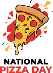 National pizza day celebration with a slice of pepperoni and vegetable pizza cartoon graphic