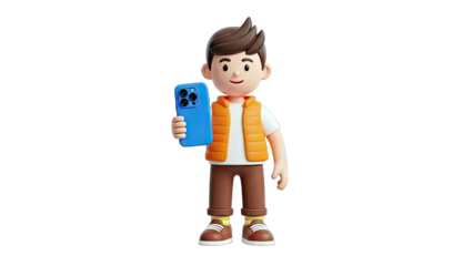 3D Cartoon Boy Holding a Blue Smartphone