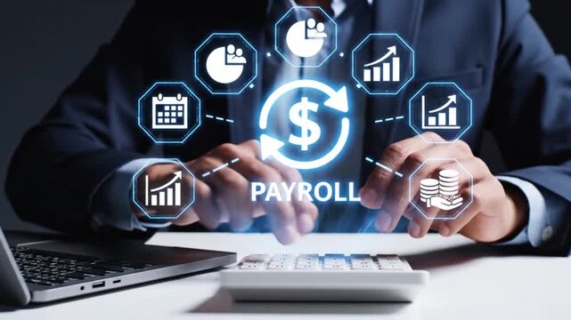 A professional utilizing a laptop and calculator while interacting with holographic payroll and financial data visualizations depicting modern business operations