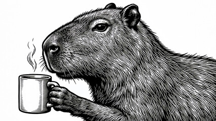 Engraved black and white illustration of a charming capybara enjoying a steaming hot beverage from a classic ceramic coffee mug with intricate linework detail.