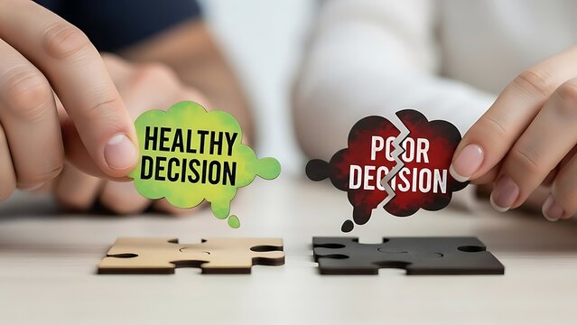 Hands holding speech bubbles representing healthy and poor decisions.