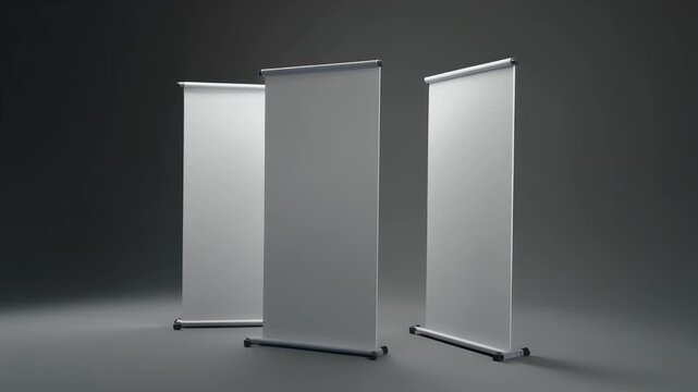 Three blank white roll up banners stand on a dark gray studio background with soft lighting showcasing a display or advertisement space