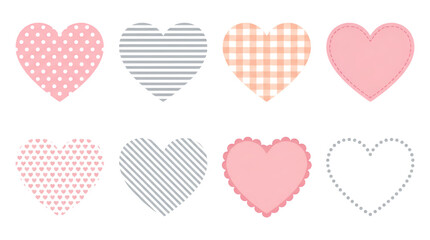 Pink and grey heart set including polka dot, striped, gingham, and scalloped variants isolated. Romantic decorative graphics for valentine or wedding scrapbooking.