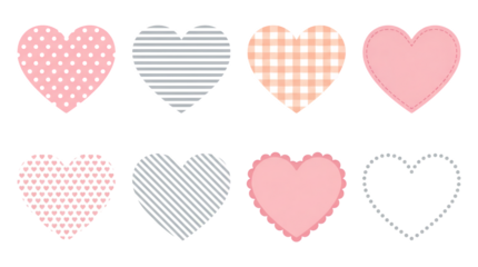 Pink and grey heart set including polka dot, striped, gingham, and scalloped variants isolated. Romantic decorative graphics for valentine or wedding scrapbooking.