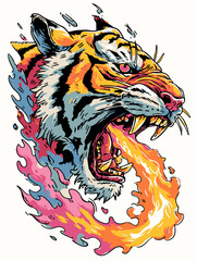 Dynamic Wildlife Art Featuring a Roaring Tiger with Stylized Fire Breath