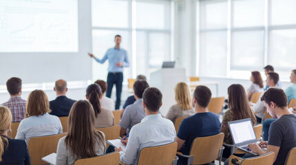 Business presentation meeting, office training, corporate seminar, speaker explaining, audience listening, teamwork