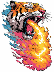 Fierce Tiger Head Illustration Breathing Vibrant Orange and Pink Flames